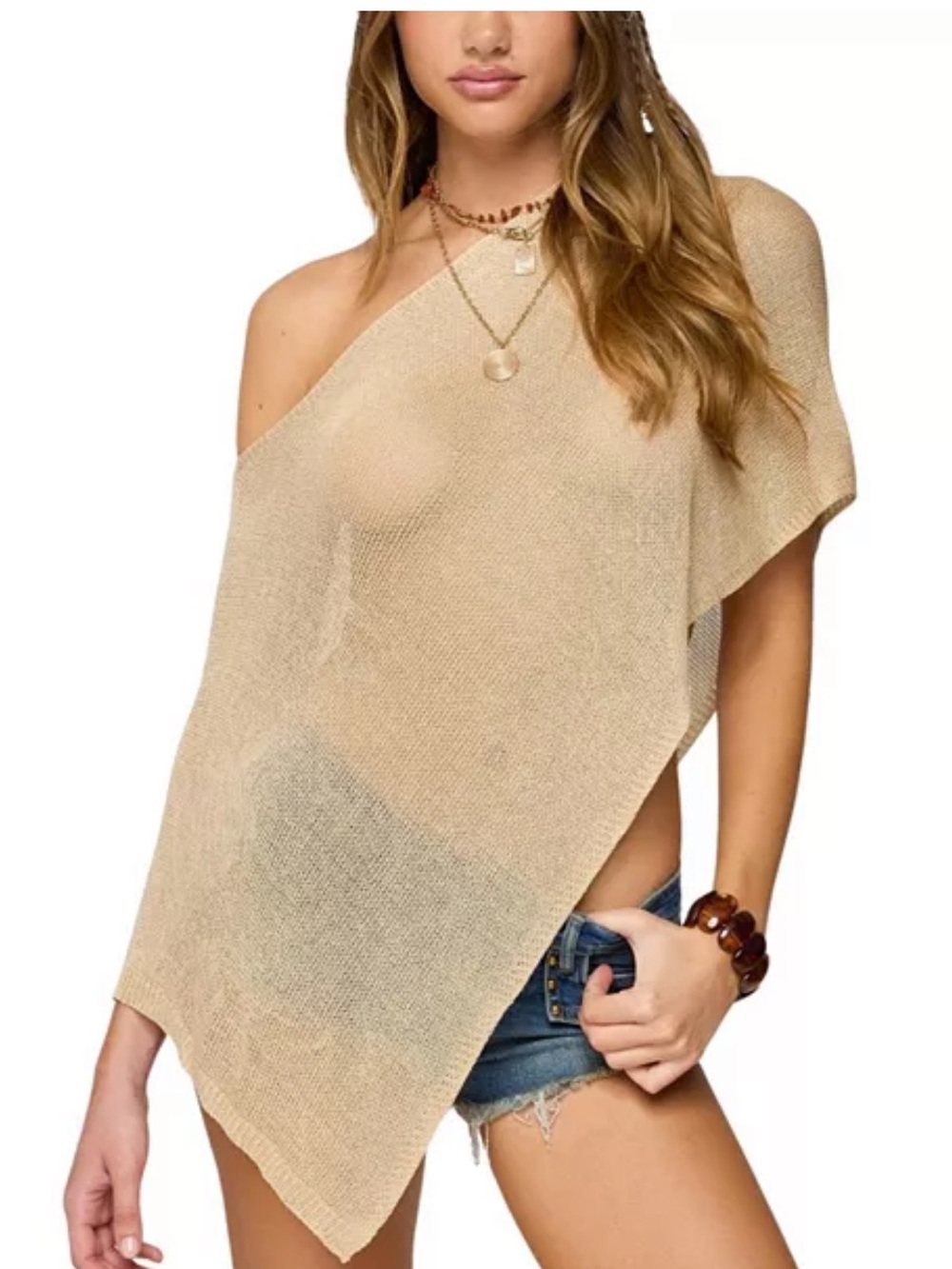Beige Asymmetrical One Shoulder Knit Top Lightweight Chic